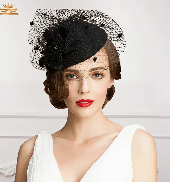 Vintage Nouveau style noir couleur tullefeather mariage chapeaux nuptiles coureurs de soirée dans la mode9370645