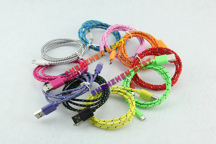 Darmowa dostawa !! Kolorowe Nowe 1M Tkanina Nylon Pleciony Kabel Micro USB do Samsung do BlackBerry dla HTC Tkaniny Pleciony Kabel 50 sztuk / partia