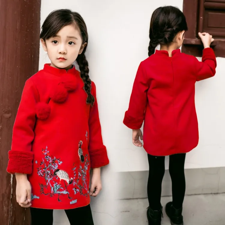 Kids Girls Dresses New Winter Chinese Cheongsam Style Thick Warm New Year Baby Girls Long Sleeve Princess Dresses For 2-8 Years 