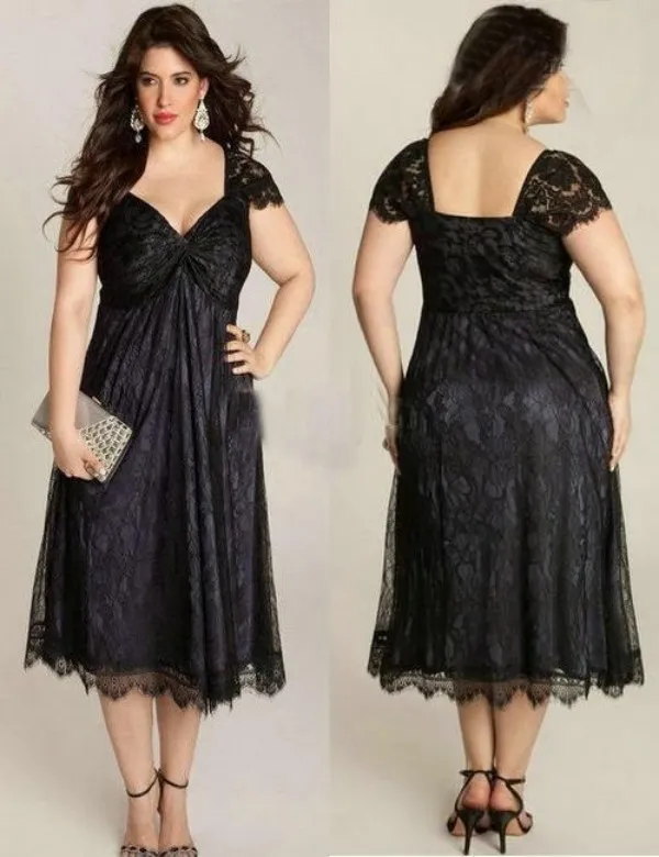 Elegant Mother Of the Bride Dresses Scalloped Short Sleeve Plus Size Black Lace Mother Of Groom Tea Length Formal Gowns Wedding Guest Dress