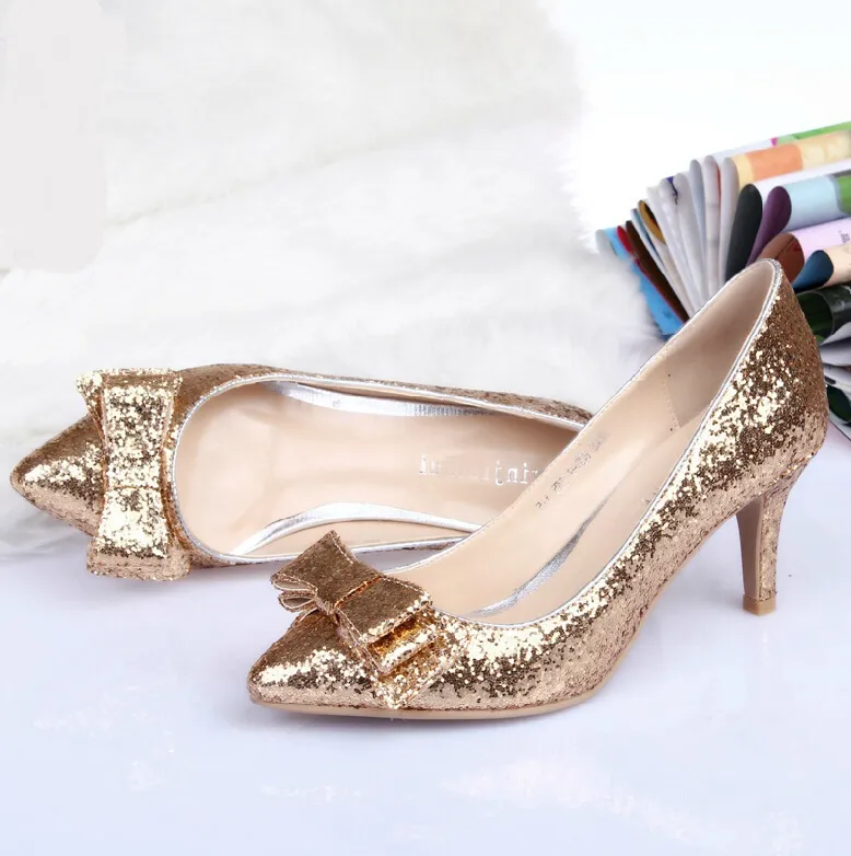 New Women's Super Kitten Heel 7cm Pointed Toe Silver/Gold Shoes Sequin Wedding Shoes