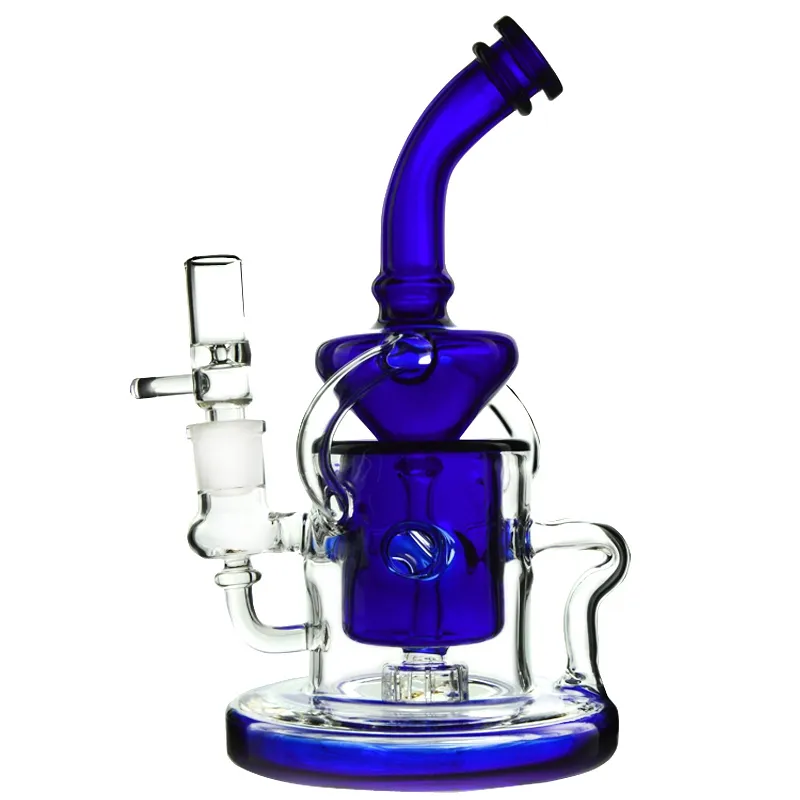 Bunte Klein Recycler Glasbongs, grün, blau, bernsteinfarben, Heady Oil Dab Rig, Duschkopf, Perkolator, Perc-Wasserpfeifen, Bongs mit schwerem Boden und Schüssel