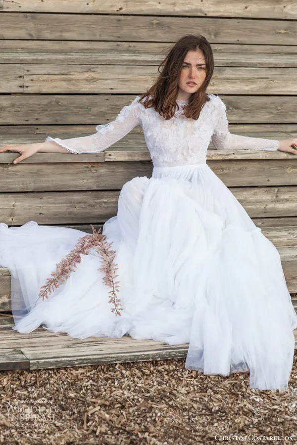 Blanc pur 2016 robes de mariée en dentelle christos costarellos manches trois quarts voir à travers Top robe de mariée plage Bohême une ligne Tulle