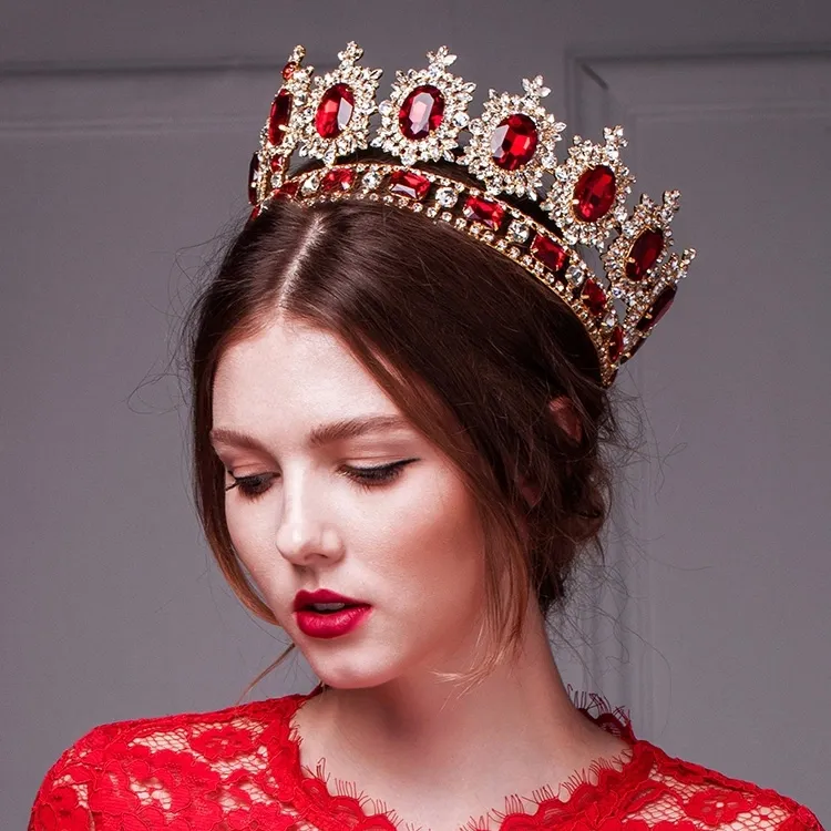 Retro Tiaras Crowns Hair Accessories Large European Royal Crown Golden Crown Head Imitation Ruby Jewelry Wedding Tiara Crowns Halloween