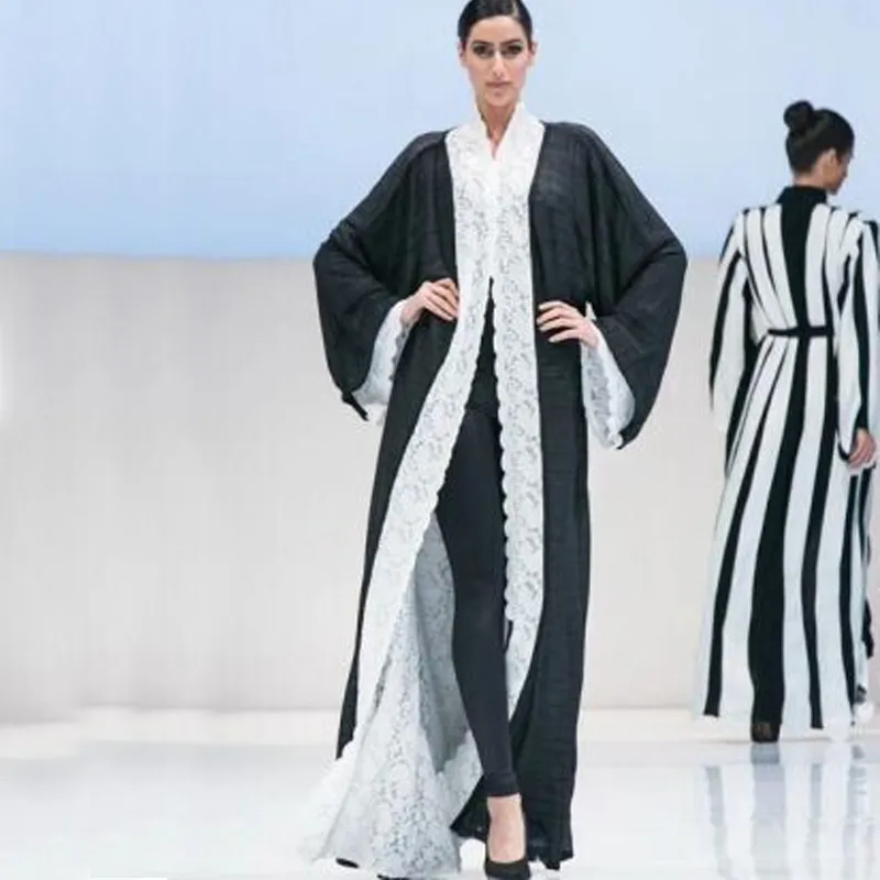 Nyaste stil Abayas Coat Långärmade Reversible Lace Chiffon Formella kvällsklänningar Custom Made Prom Party Gowns Kaftan Arabic Dubai Muslim