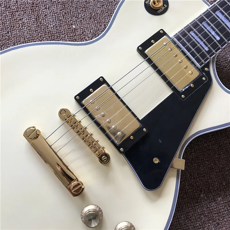 Guitare électrique personnalisée de haute qualité de couleur crème avec 2 micros, touche en palissandre avec guitare de couleur or