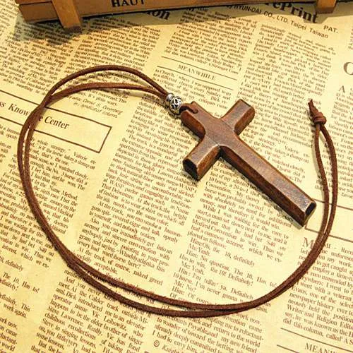 Discount wooden cross pendant necklace vintage beads leather cord sweater chain men women jewelry handmade stylish 
