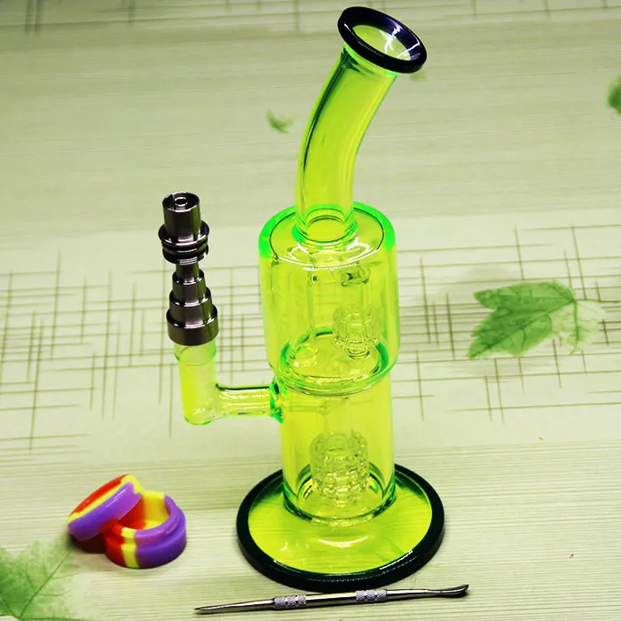 Fluorescent green glass bongs smoking water pipe With Domeless Titanium Nail for tobacco and oil rig 18.8MM Jiont 