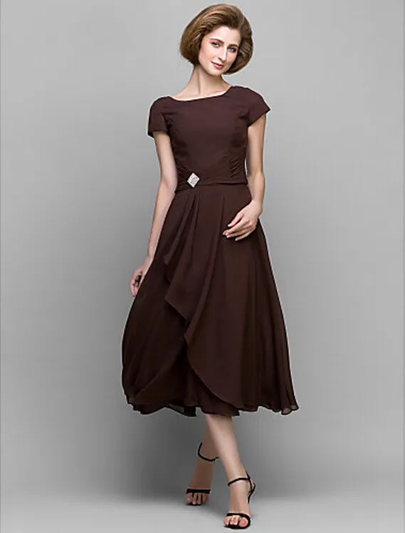 A-line Mother of the Bride Dress Chocolate Tea-length Short Sleeve Chiffon Mother's Dresses