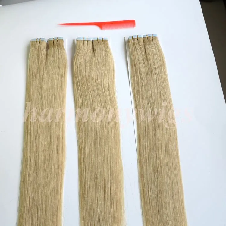 100g 40 sztuk / paczka klejem skóry taśmy wątkowe w ludzkich rozszerzeniach włosów 18 20 22 24 cali 60 # / Platinum Blondynka Brazylijski Indian Remy Human Hair