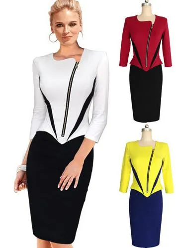 Fashion Womens Elegant Irregular Front Zip Colorblock Wear To Work ...