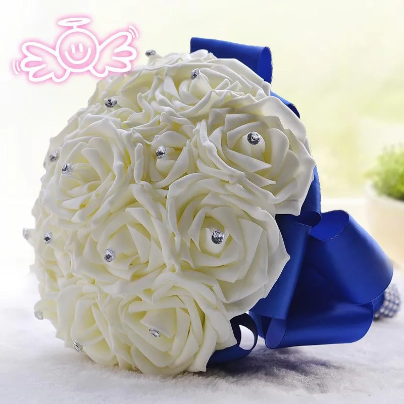 New Bridal Bouquet Wedding Decoration Artificial Bridesmaid Flower Crystal Silk Rose WF001 Royal Blue Mint White Green Lilac Cheap229M