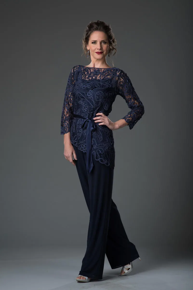 Abito la madre della sposa in pizzo blu navy Abito pantalone trasparente con scollo a barchetta Abito invitati a due pezzi Abiti da sposo la mamma in chiffon taglie forti