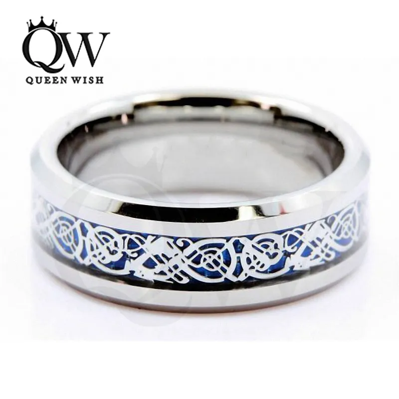 Herren Keltische Ringe 6mm/8mm Wolfram Carbide Ehering BLAU BAINTER SILBER Celtic Dragon Inlay mit blauem Hintergrund Mode Schmuck