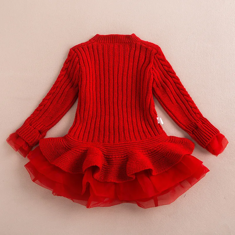 2015 Autumn Winter Girls Knit Sweater Dresses Baby Girl Tulle Lace Tutu