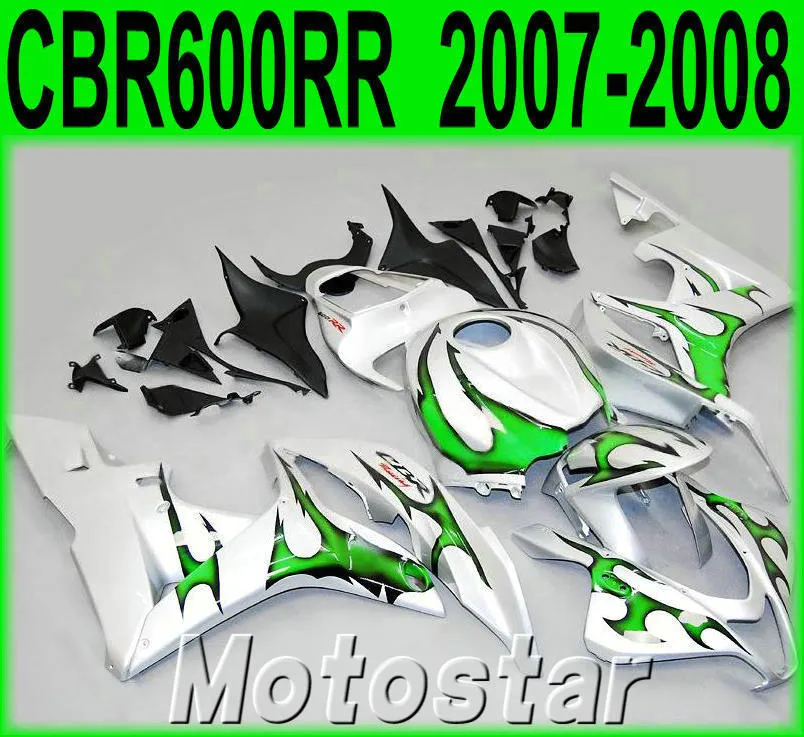 Injection molding popular bodykits for HONDA CBR600RR 07 08 fairings CBR 600RR F5 2007 2008 green flames in silver plastic fairing kit KQ87