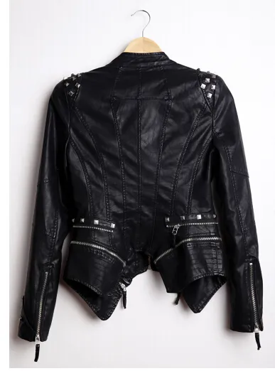 Wholesale-New Womens Punk Spike Studded Shoulder PU Leather Jacket Zipper Coat PIUS Size S-4XL