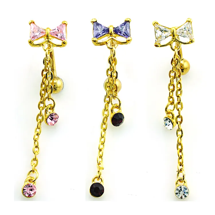 Body Belly Button Rings Guldpläterade rostfritt stål Skivstång dingle Rhinestone Long Chain Navel Rings Piercing smycken203d