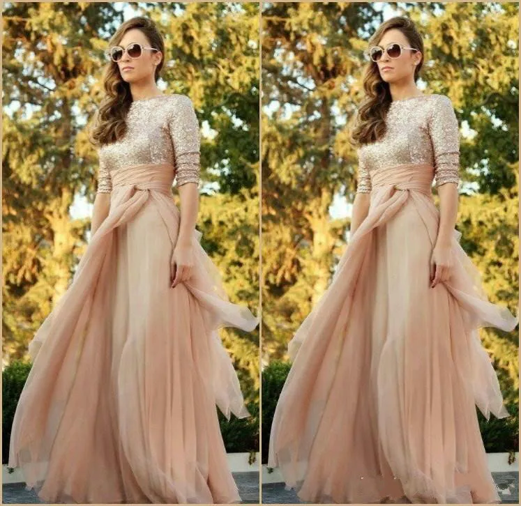 2015 Stunning Sequined Evening Dresses Half Sleeves Jewel Neck A Line Prom Gowns Floor Length Chiffon Formal Gowns Special Occasion Dress