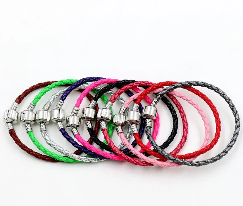 Singola chiusura in argento 925 con fili di perline in pelle per bracciali Catene per braccialetti Pandora 17 cm 19 cm 21 cm 20 pz / lotto 57 colori Bracciale adatto perline di fascino europeo