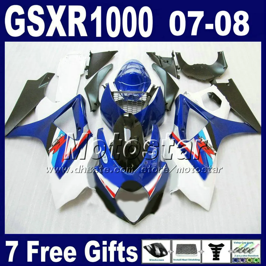 Zestaw Fairing ABS dla Suzuki 2007 2008 GSX-R1000 K7 WŁAŚCICZENIA GSXR1000 07 GSXR 1000 08 Blue Whte Black Motobike Set FD24 + SEAT Cowl