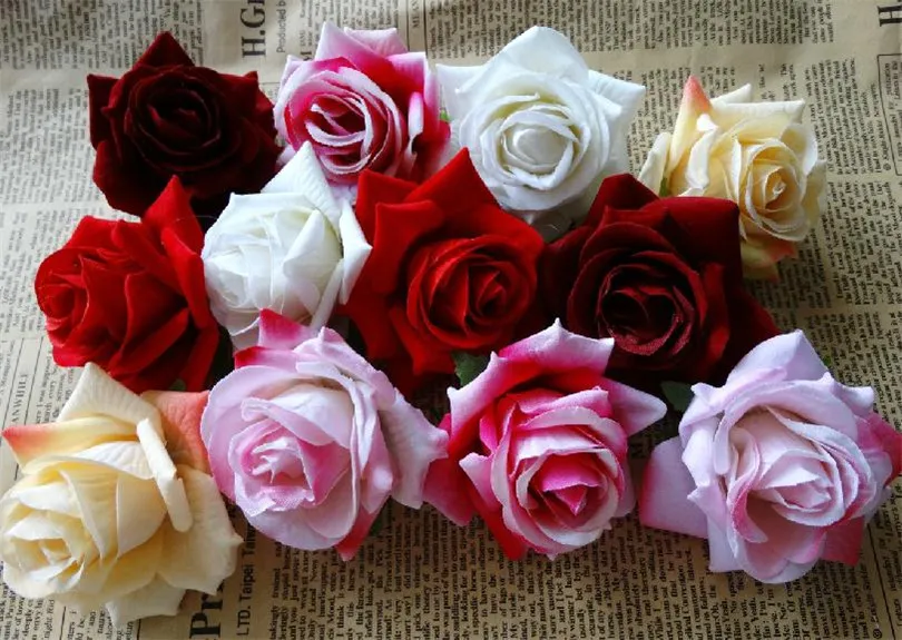 Single Velvet Rose Flower Head Dia. 6.5 cm / 2.56 "Sztuczne kwiaty sześciokąty wzrosły do ​​DIY Corsage Garland Bukiet ślubne kwiaty