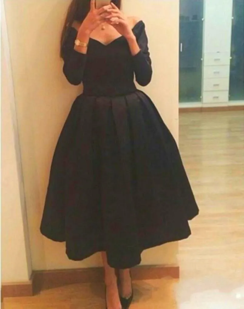 2015 Black Tea Length Evening Dresses V Neck Long Sleeves Graduation Gowns Party Dresses Short Arabic Dubai Prom Dresses