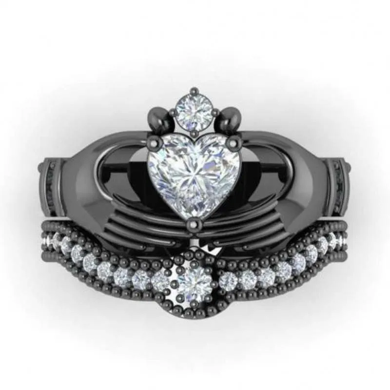 Top Selling Groothandel Hart Ring Mode-sieraden 10kt WhiteBlack Gold Filled Dropshopping Sapphire Claddagh Vrouwen Bruiloft Bridal Ring Set