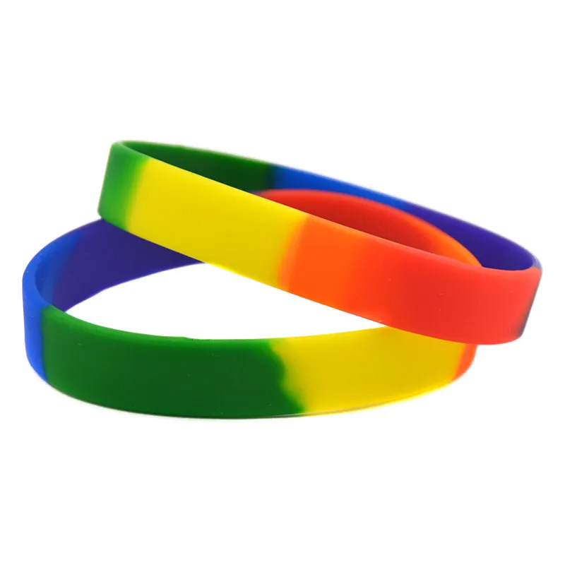 100 sztuk Gay Duma Silikonowa Gumowa Bransoletka Trendy Dekoracja Rainbow Colors Segmented Rozmiar dla dorosłych dla Promocji Prezent
