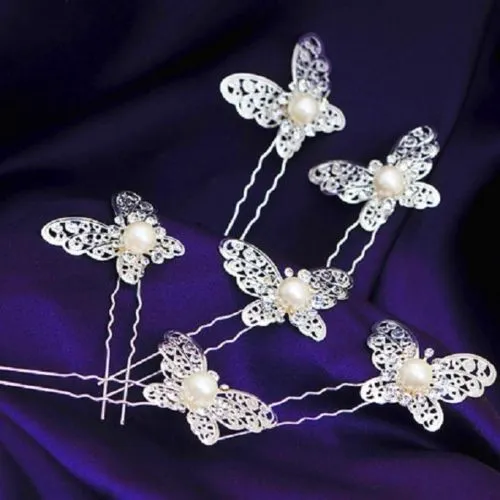 Crystal Rhinestone Artificial Pearl Butterfly Flower Hair Pin Clips Hairpins Women Hair Wedding Jewelry Silver