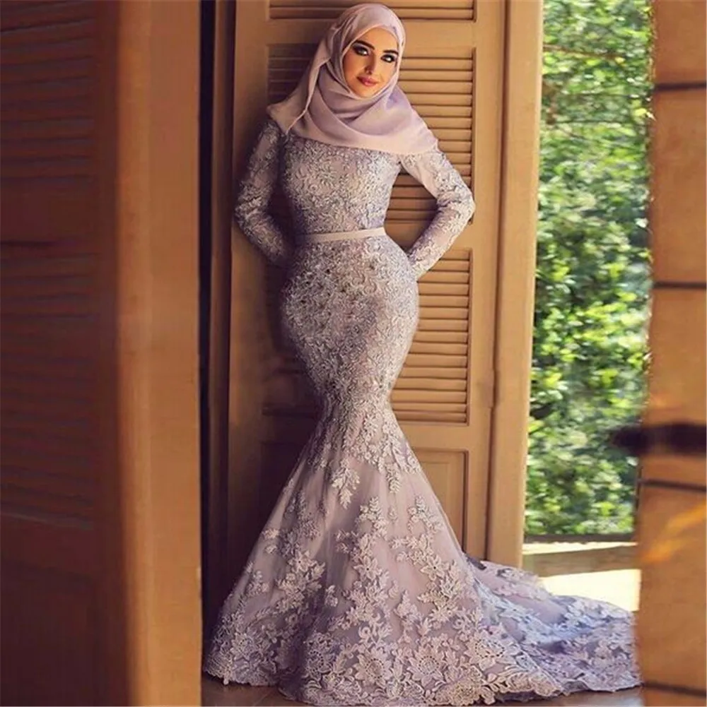 Muzułmańskie suknie wieczorowe z długimi rękawami Koronki Aplikacja Hidżab Dubaj Kaftan Dress Mermaid Suknie wieczorowe Vestido de Renda Vestidos de Fest D042