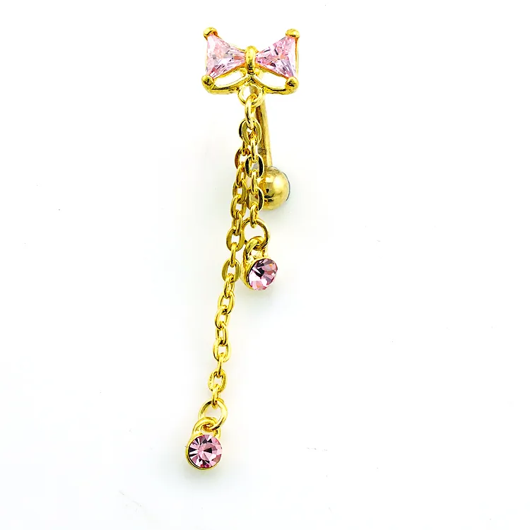 Body Belly Button Rings Guldpläterade rostfritt stål Skivstång dingle Rhinestone Long Chain Navel Rings Piercing smycken203d