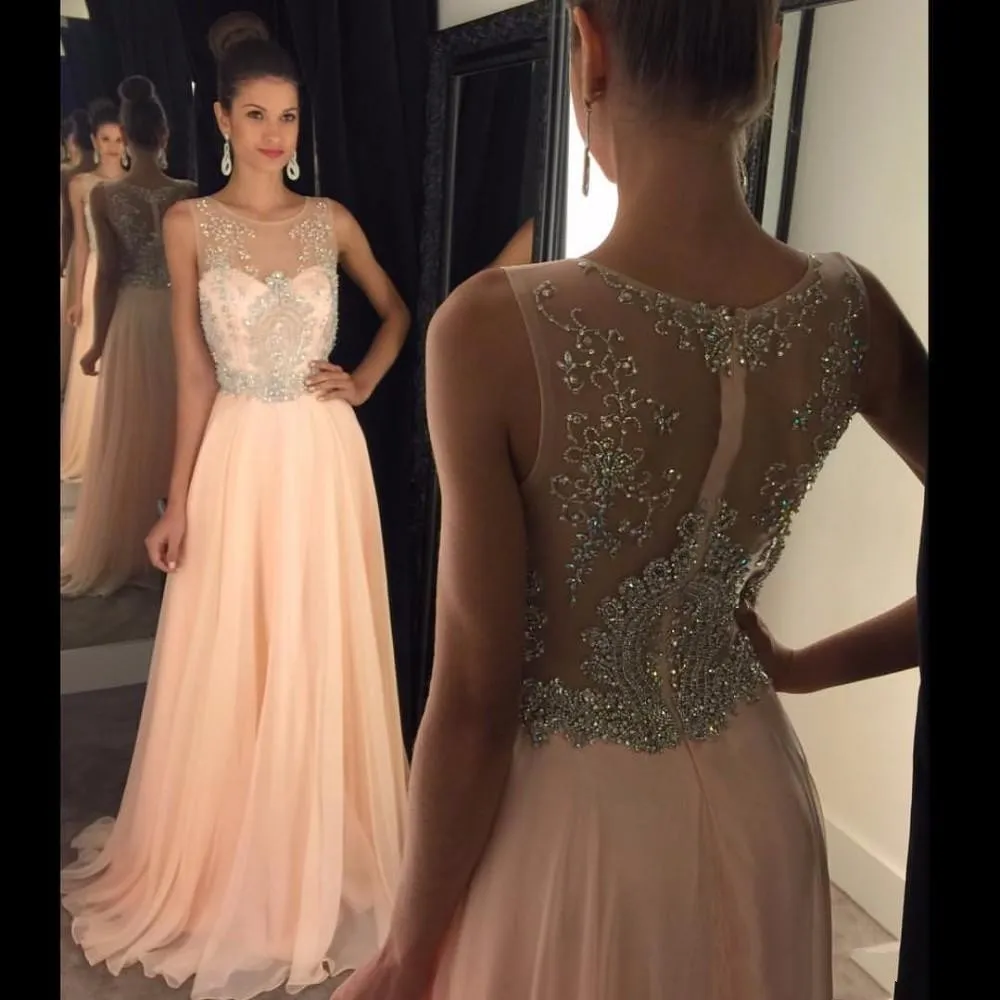 2020 Suknie wieczorowe Nosić Bling Jewel Neck Crystal Crystal Forading Szyfonowa brzoskwinia Sheer Back Floor Długość Długość Formalna Tanie Dress Prom Suknie