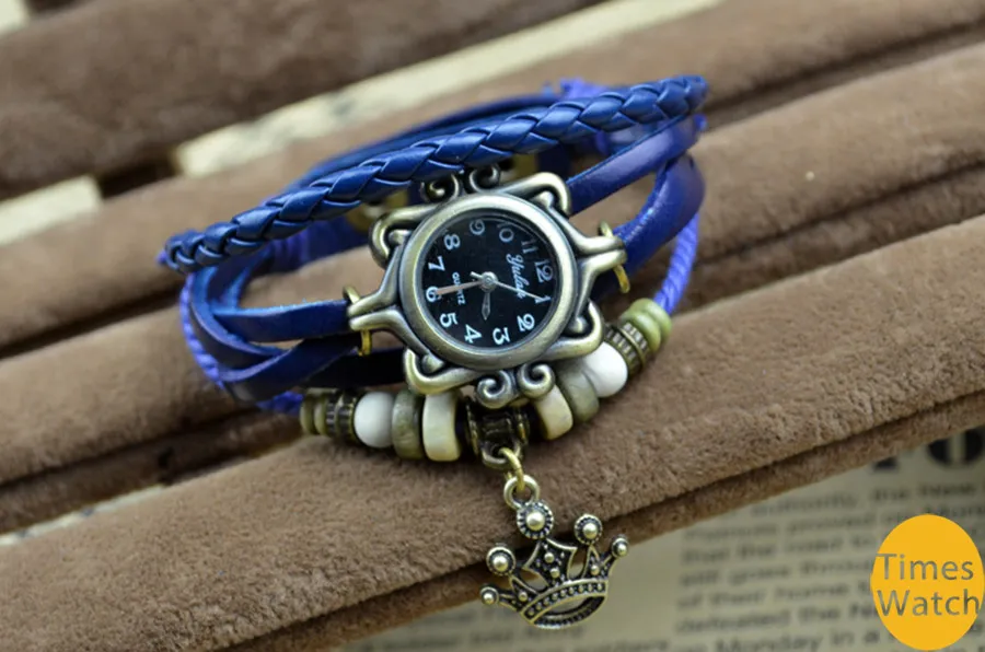 livraison gratuiteWholesale Nouvelle arrivée Mode vintage rétro perlé tressé corde bracelet wrap quartz vache en cuir montre-bracelet femmes