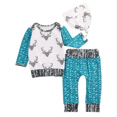 Nouvelle Arrivée Enfants Vêtements Automne Nouveau-Né Bébé Vêtements Cerf Tête Flèche Imprimé T-Shirt À Manches Longues + Pantalon + Chapeau 3 pcs Tenues Ensemble