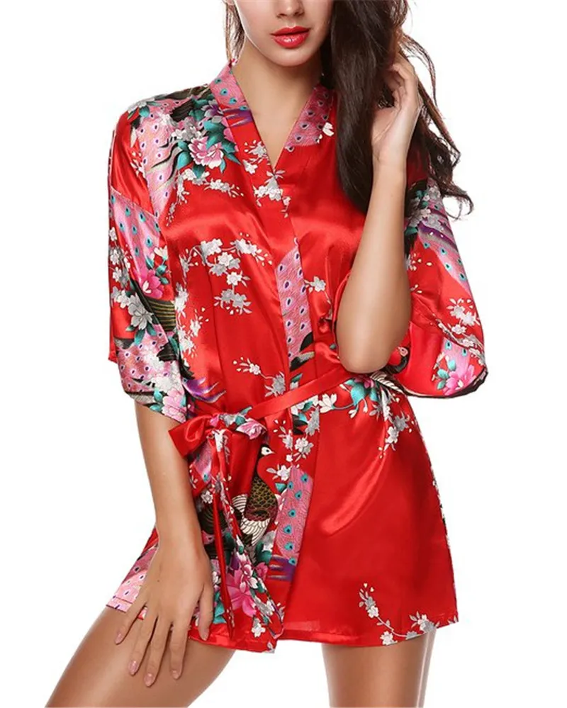 Dames Robes De Satin Robe De Mariée De Nuit Pijama Peignoir Paon Et Fleurs Des Femmes Soie Kimono Robe Sexy Chemise De Nuit