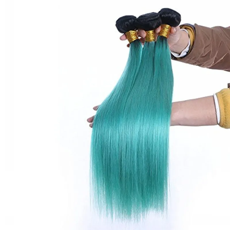Zweifarbiges cyanfarbenes Haar 3 Bündel Brasilianische Jungfrau-Menschenhaar-Webart 1b grüne Ombre-Haarverlängerung grüne farbige Bündel