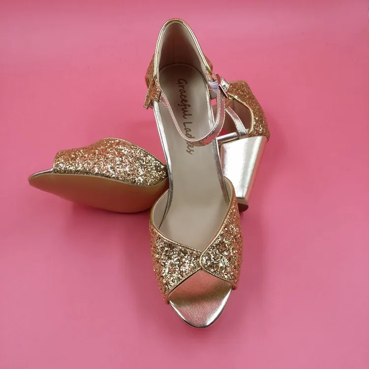 Guld Sequin Bröllop Skor Peep Toe Ankelband Låg Chunky Heel Bridal Sandaler För Kvinnor Plus Storlek Skräddarsy Färg Block Heel Shoes