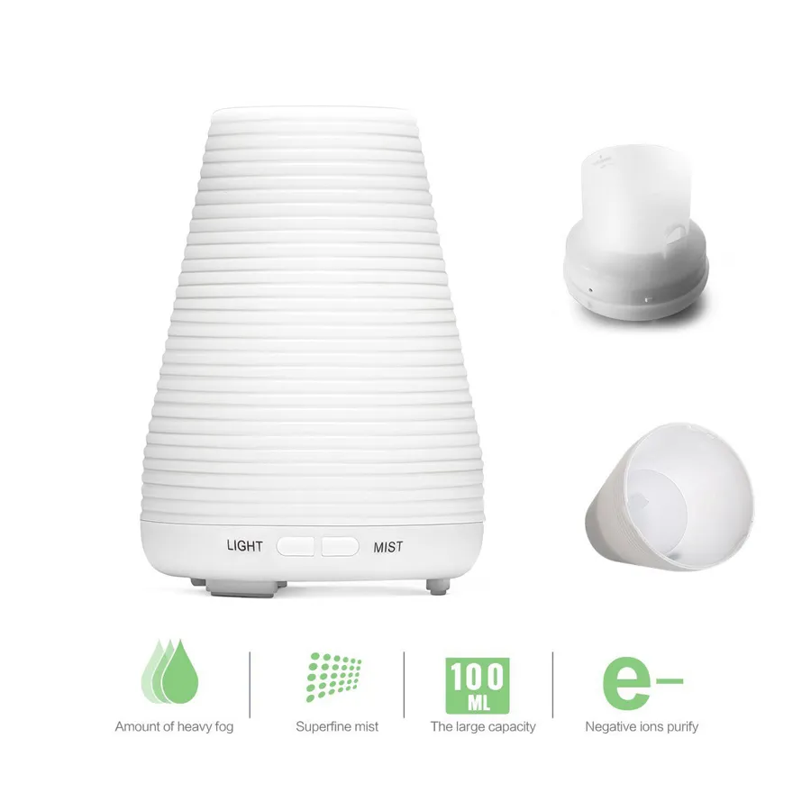 Essential Oil Arom Diffuser med 7 Färg LED Ultraljud Cool Mist Hem Luftfuktare 100 ml Aromaterapi Vattenlös Automatisk avstängning US EU UK-kontakt