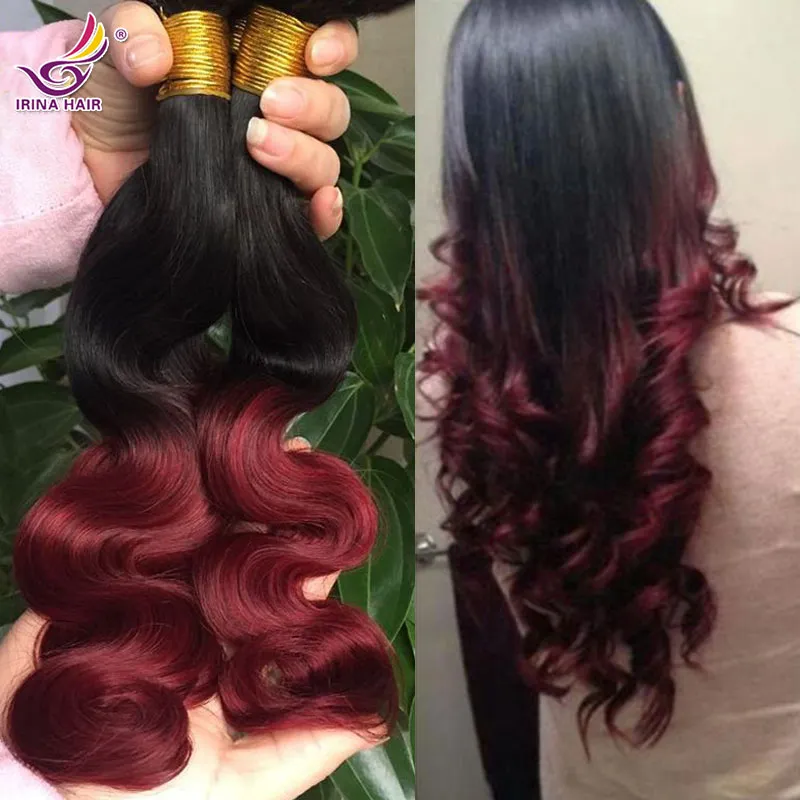 4pcs/lot Ombre 100% Unprocessed Remy Human Hair Extensions Brazilian Virgin Hair Body Wave 1B Burgundy Two Tones Ombre Color Free shipping