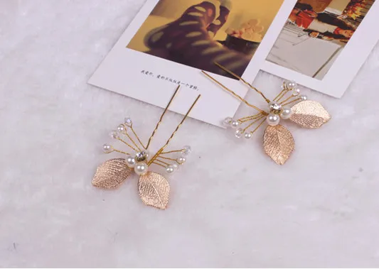 Romantic Party Hair Pin Gold Leaf Wedding Hair Piece Head Piece Pearl Alloy Gold Color8648730