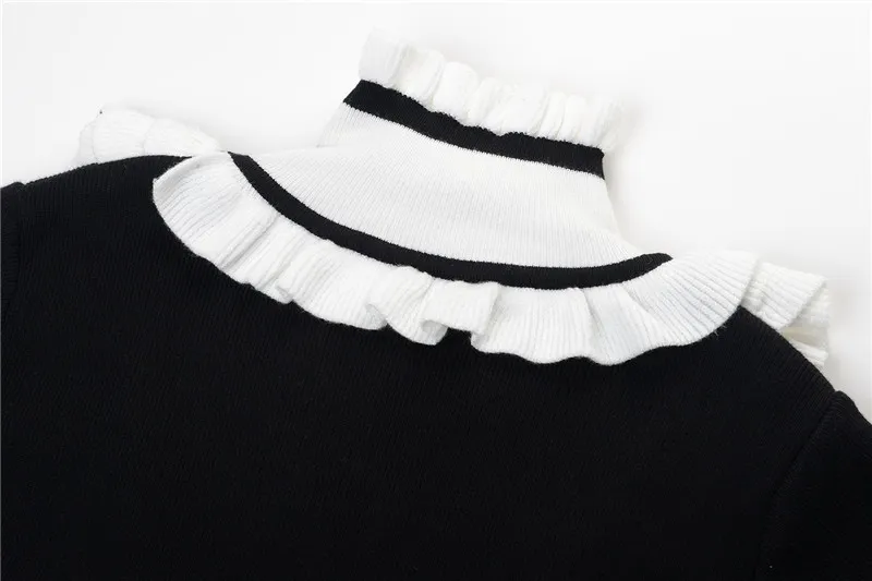 2018 Black White Patchwork Stand Long Sleeves Long Pullover Women Brand Same Style Ruffles Bow Knitting Long Dresses Women 110104