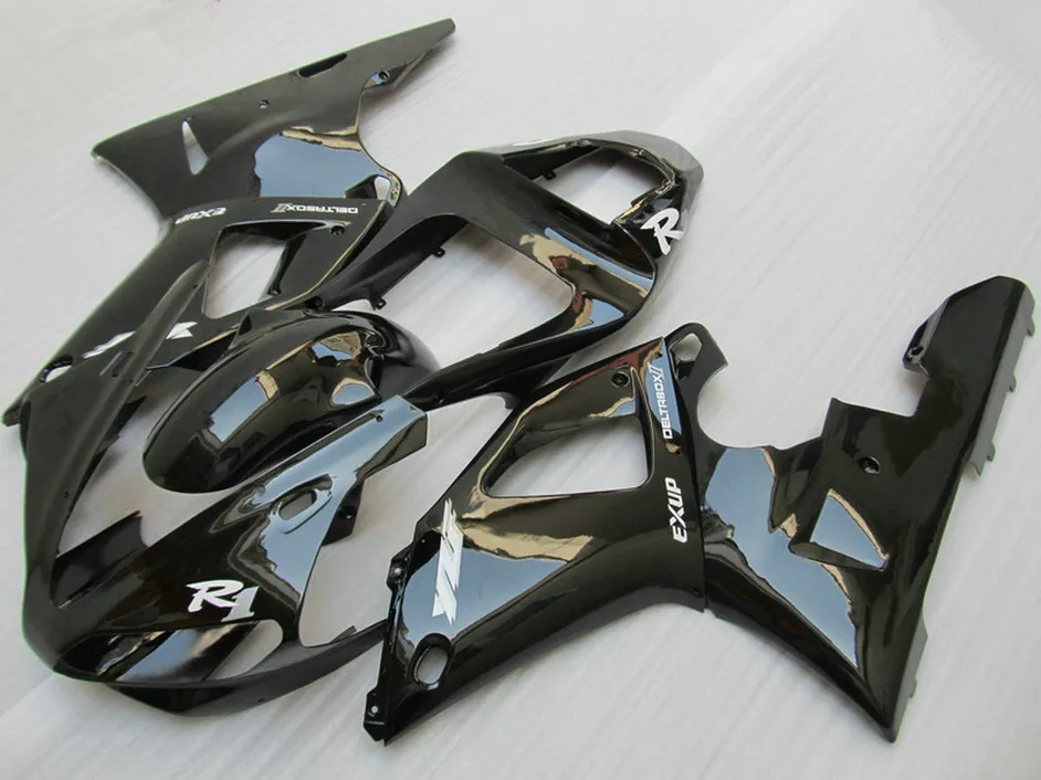 ABS Plastmakare för Yamaha 2000 2001 YZF R1 Fairings Set YZF-R1 00 01 All Glossy Black Aftermarket RQ94 + 7 Presenter