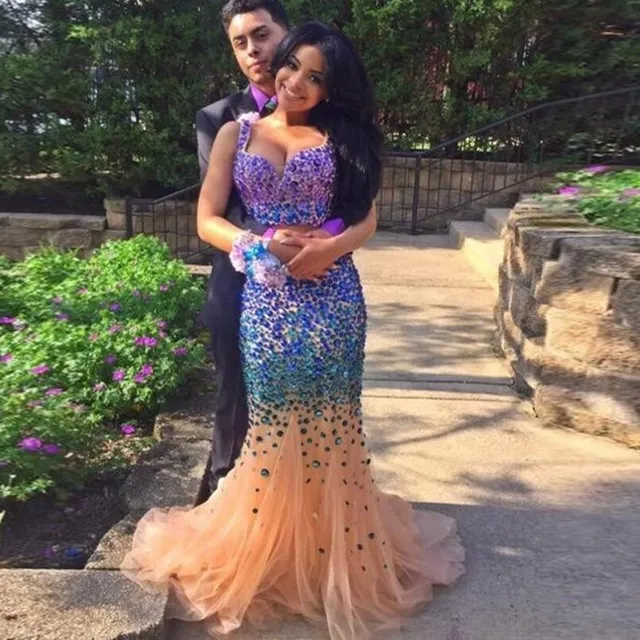 Sparkle Två Piece Prom Dress Mermaid 2018 Sweetheart Rhinestone Dresses Evening Wear Naken Tulle Party Long Luxury African Black Girls Arabic