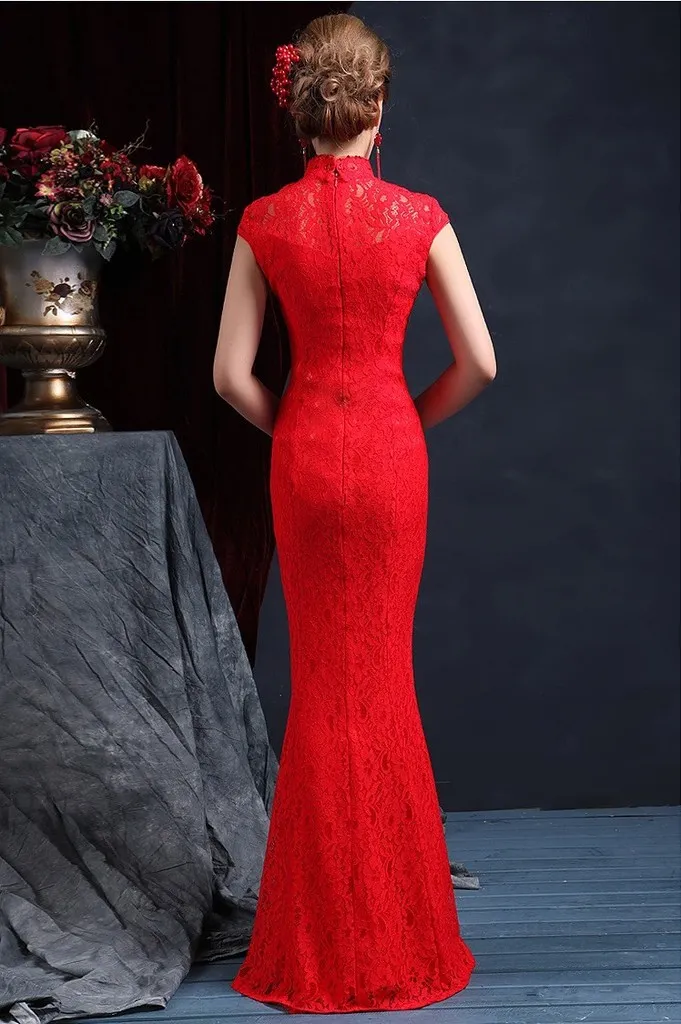 Haute qualité col haut sans manches sirène chinoise Cheongsam robes de mariée 2015 longueur de plancher fermeture éclair dos robe de mariée en dentelle rouge robe de mariée