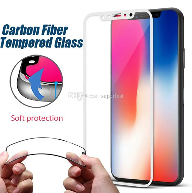 Cubierta completa Vidrio templado 3D Curvo Borde suave Borde Pantalla completa Proctor Diseño de fibra de carbono para Iphone X 8 7 5 Sin paquete