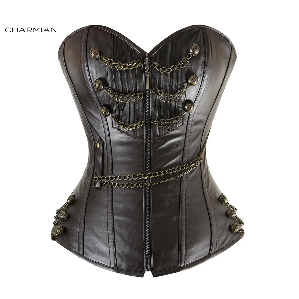 Damesleer Steampunk Corset Zwart Staal Boned Rockabilly Rits overborst Corset Bustier Brown Corpete met kettingen