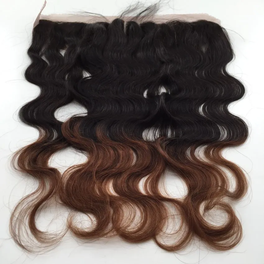 Capelli vergini malesi brasiliani Ombre chiusura 13x4 nodi candeggiati 2 toni 1b / 33 onda del corpo parte libera chiusura frontale in pizzo con capelli Bady