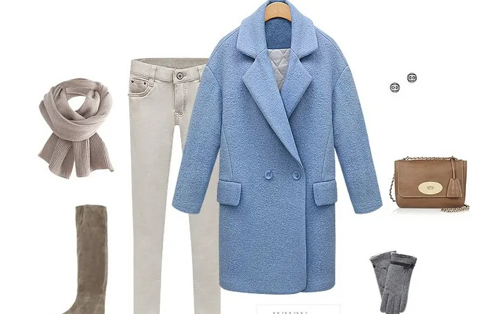 Kadınlar için avrupa ve Amerikan Moda Yeni Kışlık Mont 2015 Yaka Boyun Gevşek Katı Yün Karışımları Bayan Coat Kalın Uzun Kadın giyim