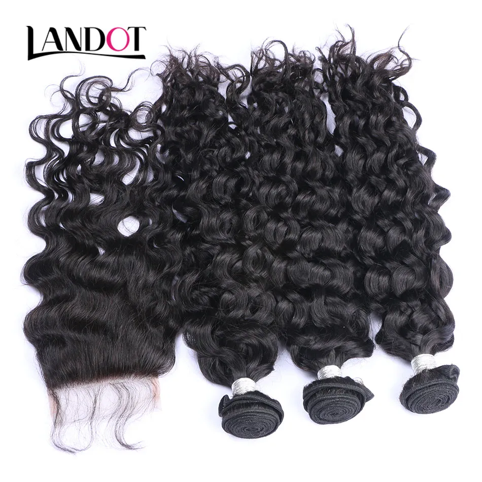 Peruvian Malaysian Indian Brazilian Virgin Hair 3 Bundles with Lace Closure Natural Wave Wet and Wavy Water Wave Curly Mink Human Hair Weave